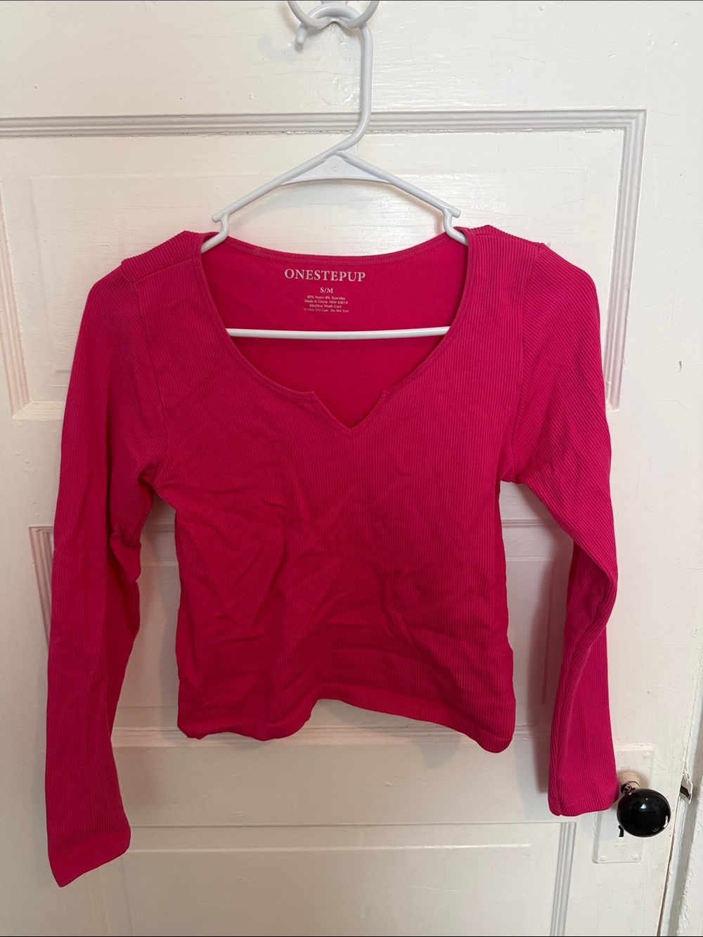 One Step Ahead Hot Pink Ribbed V-Notch Long Sleeve Top